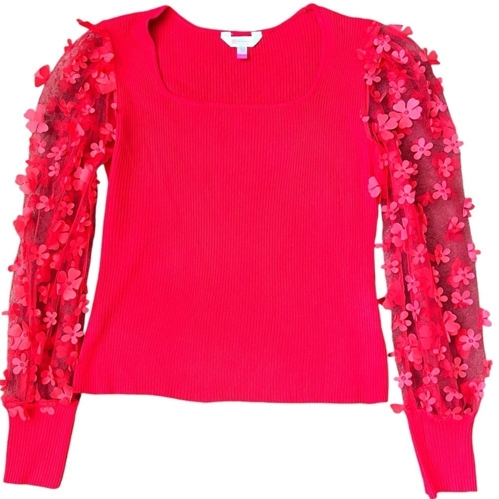 Red floral long sleeve top with mesh flowers on the sleeves.